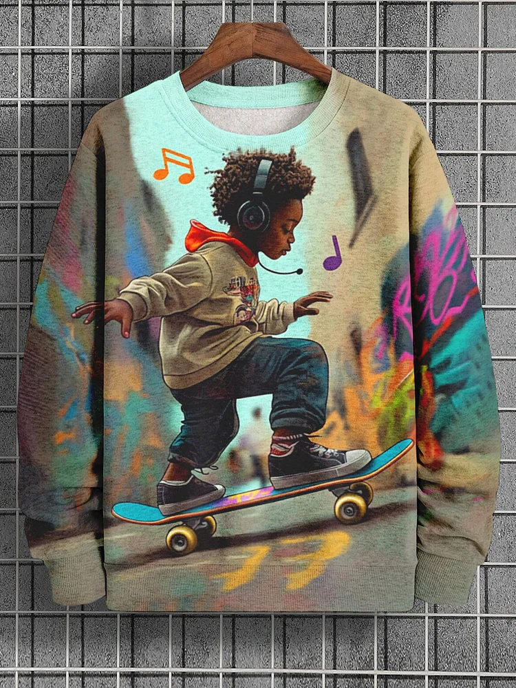 Men's Skateboard Black Boy Enjoying Music Graffiti Print Casual Sweatshirt