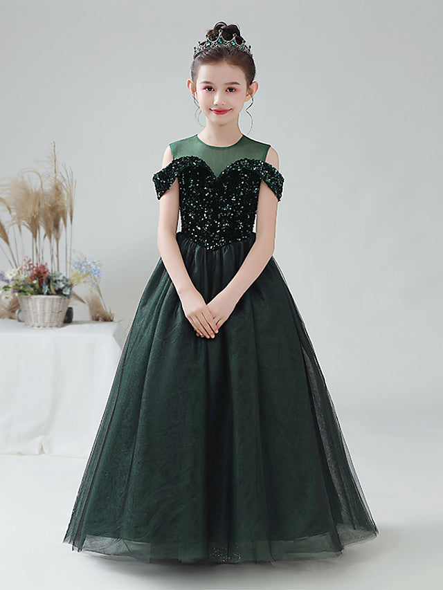 Oknass Ball Gown Sleeveless Off Shoulder Jewel Neck Flower Girl Dresses Tulle With Paillette Sequins