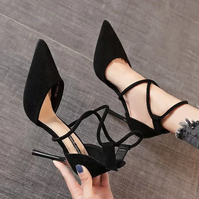 Breakj Breakj Pointed High-Heeled Women 2025 Spring New Temperament Cross-Lace Single Shoe Velvet Fine Heel Women's Shoes