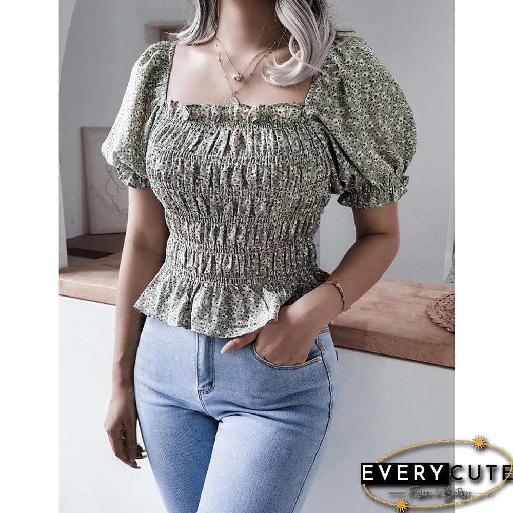 Green Square Neck Floral Print Chiffon Blouse