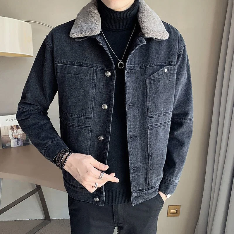 Men's Denim Jacket Long Sleeve Solid Color Winter Plush Thickened Fur Collar Tidal Current Streetwear The Price Of New 2021