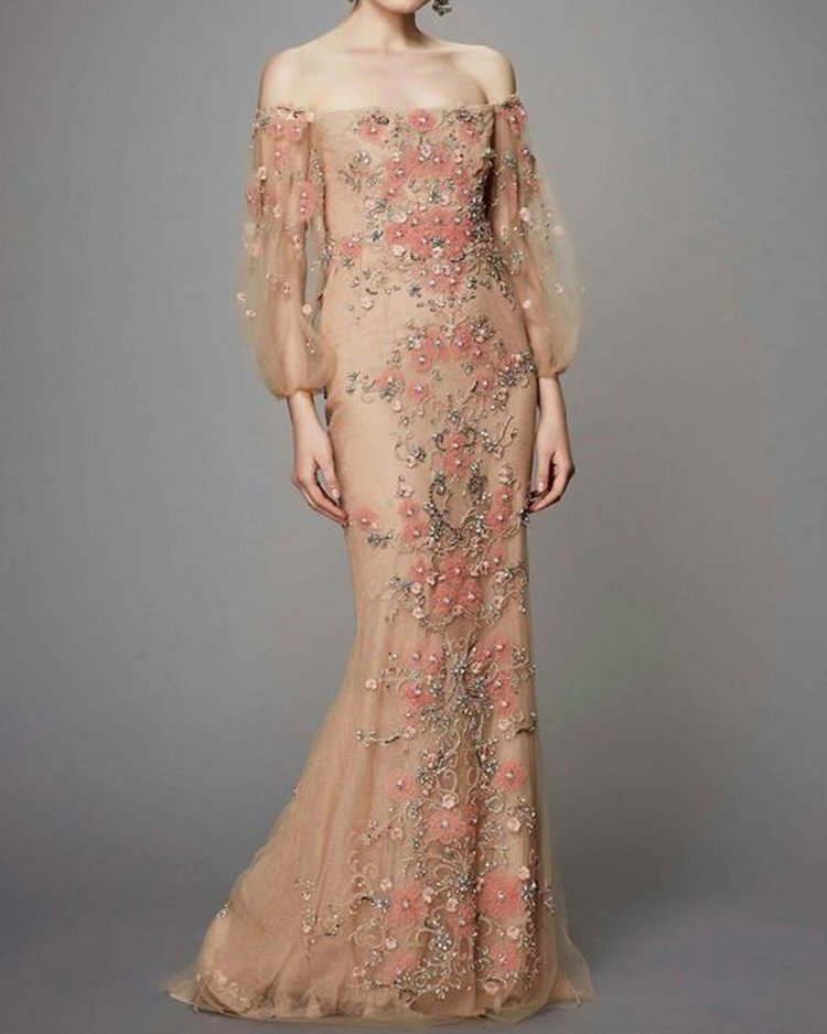 Floral three-dimensional embroidery maxi dress Gown