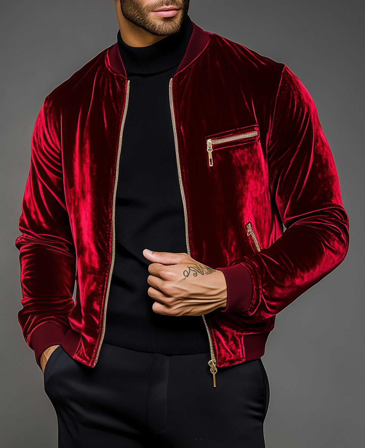 Okaywear Velvet Solid Stand Collar Long Sleeve Zipper Jacket