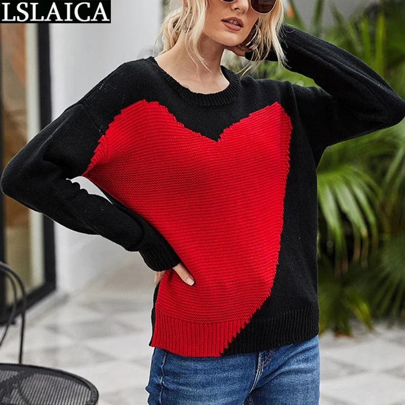 Casual Sweater Women Heart Patchwork Long Sleeve O Neck Pullovers Woman Sweaters Fashion Loose Female Tops Autumn High Street