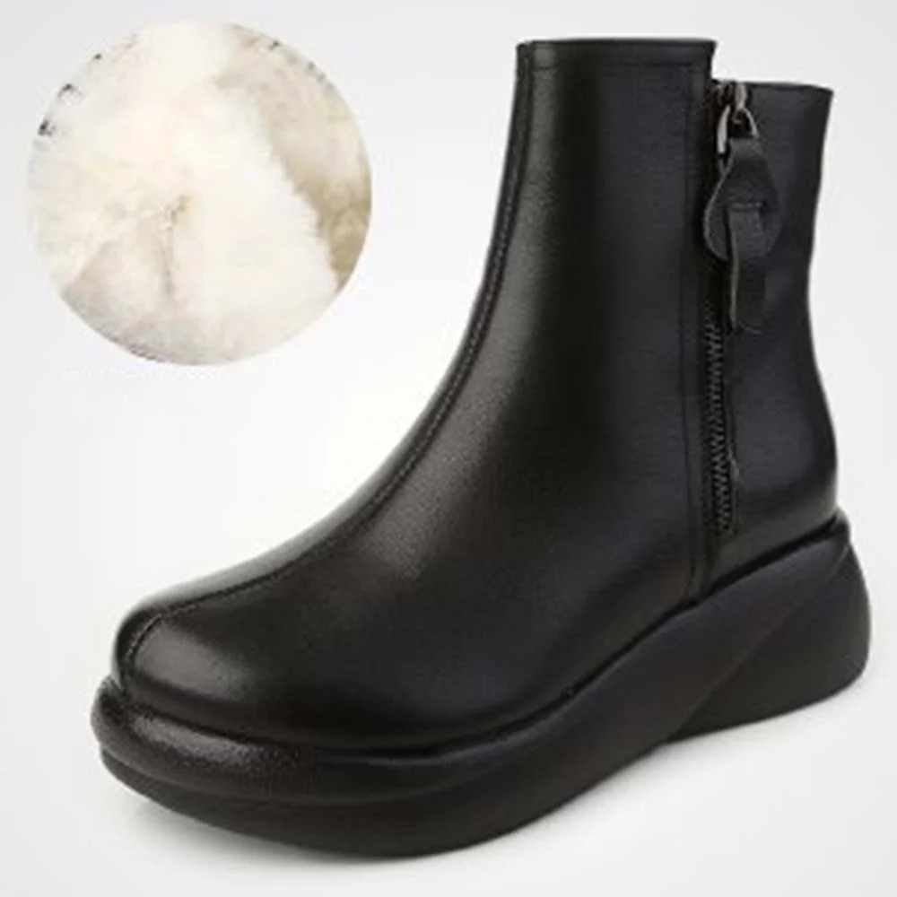 Smiledeer Round toe side zip leather snow boots