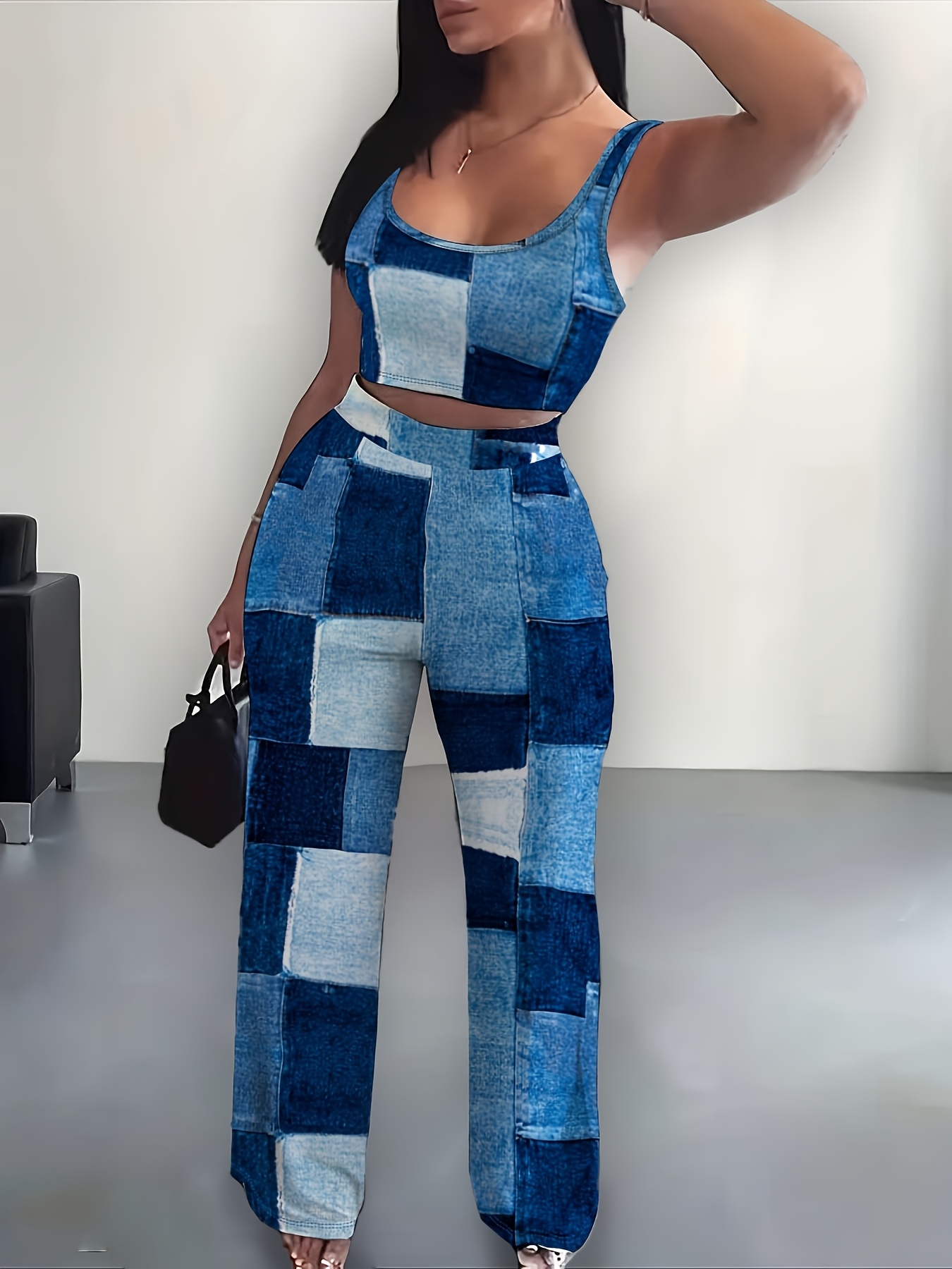 Women's Off-Shoulder Fashion Faux Denim Camisole Pants Two-Piece Set | IFYHOME