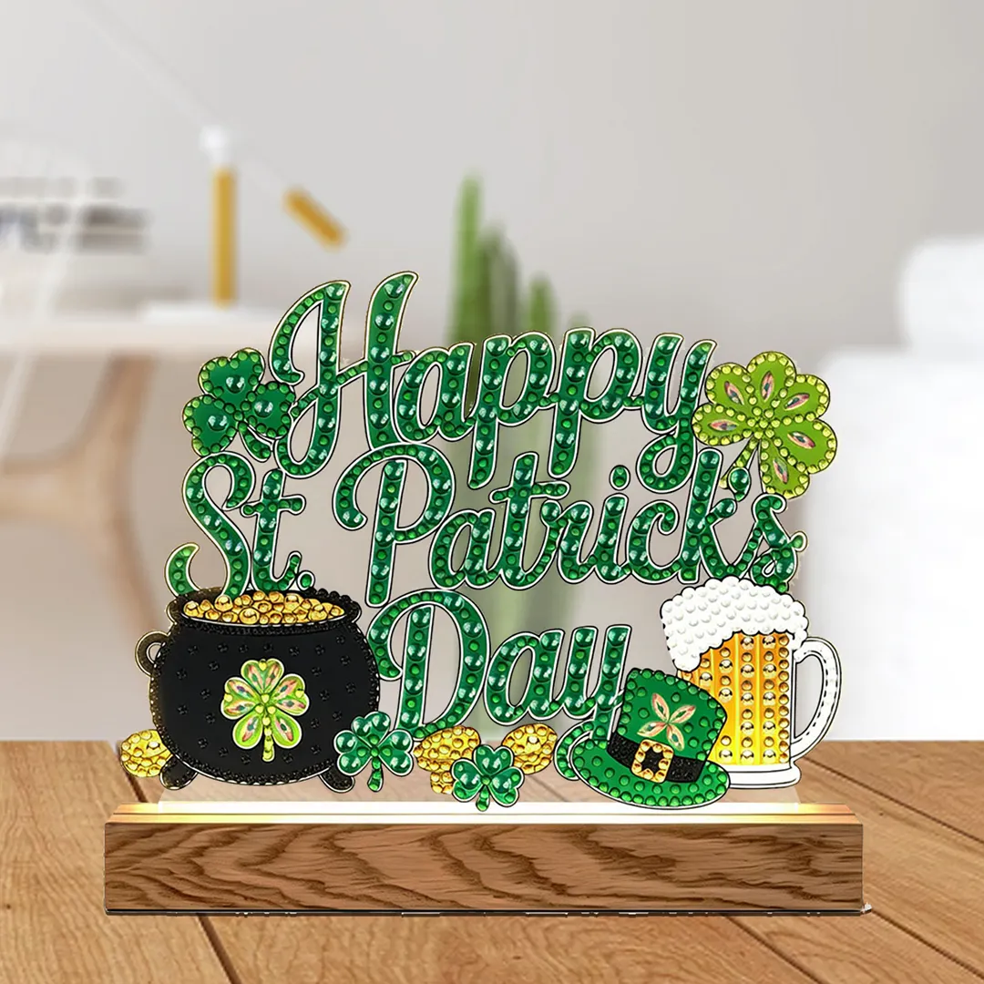 Saint Patrick DIY Acrylic Diamond Painting Night Light for Adults Beginner Diamond Art Table Lamp with Wooden Base for Woman Man Desk Bedroom Tabletop Decor