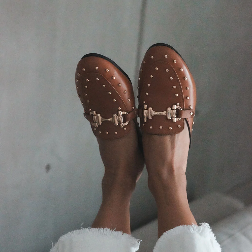 YDN Brown Round Toe Comfort Slip On Mule Loafers with Studded