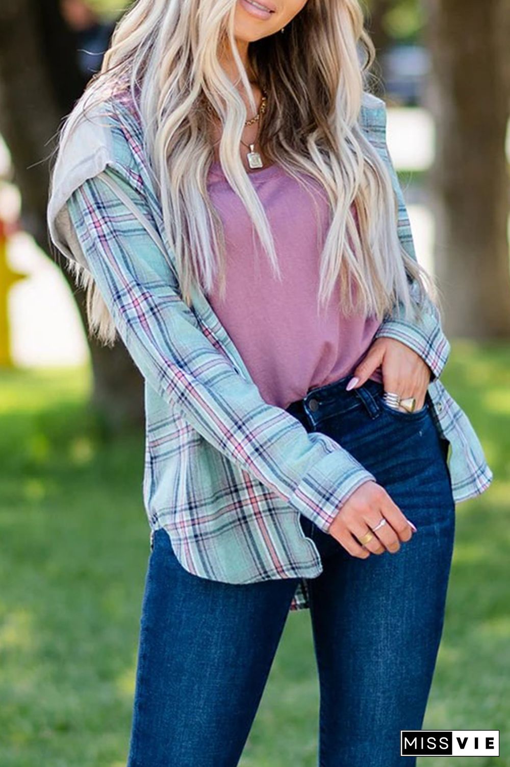 Street Plaid Frenulum Buckle Hooded Collar Tops（4 colors）
