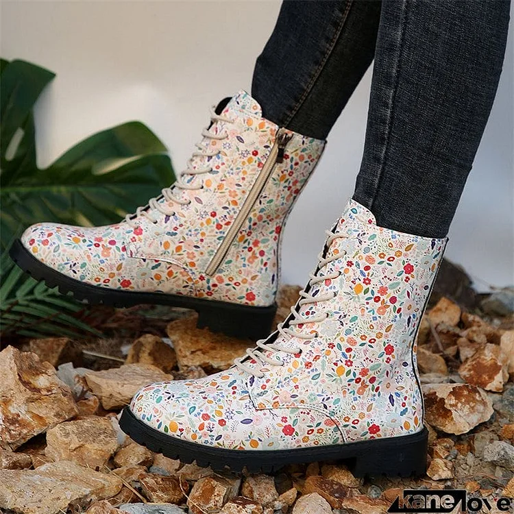 Women's Flower Print Side Zipper Autumn Winter British Martin Boots