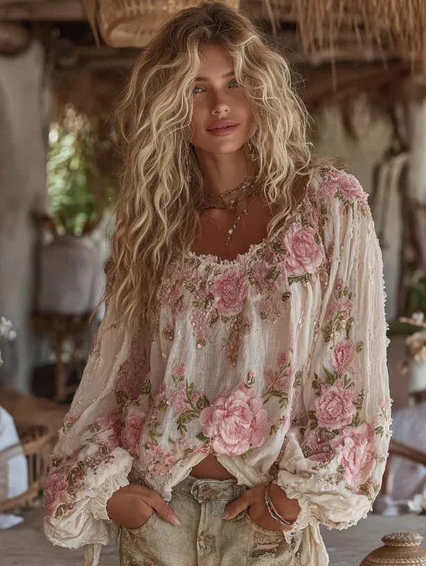 Vintage Boho Pink Flowers Art Embroidered Cozy Linen Tunic