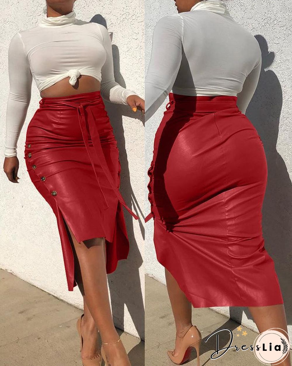 Buttoned Slit PU Leather Midi Skirt P10427