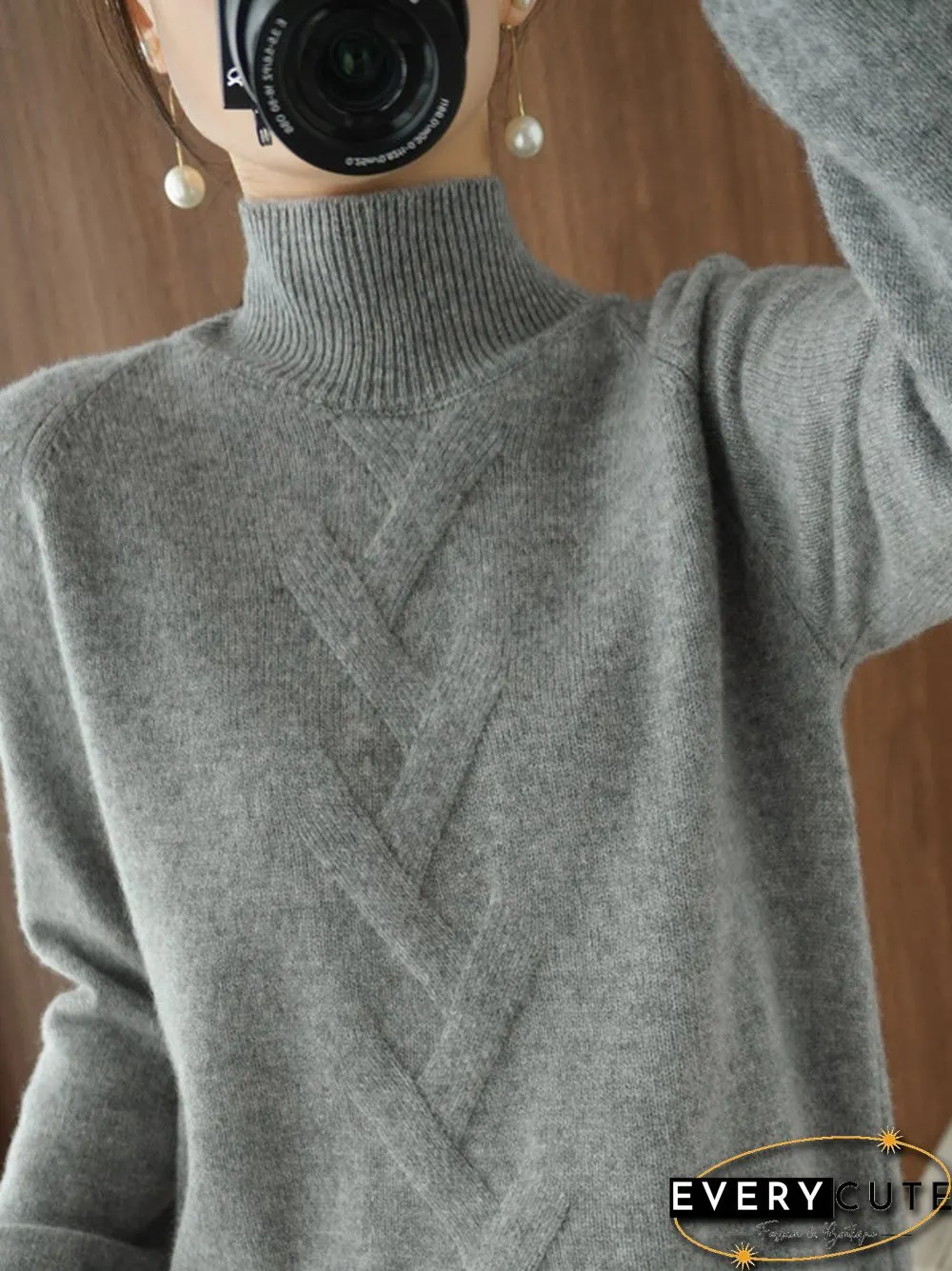 Casual Loose Long Sleeves Solid Color High-Neck Sweater Tops