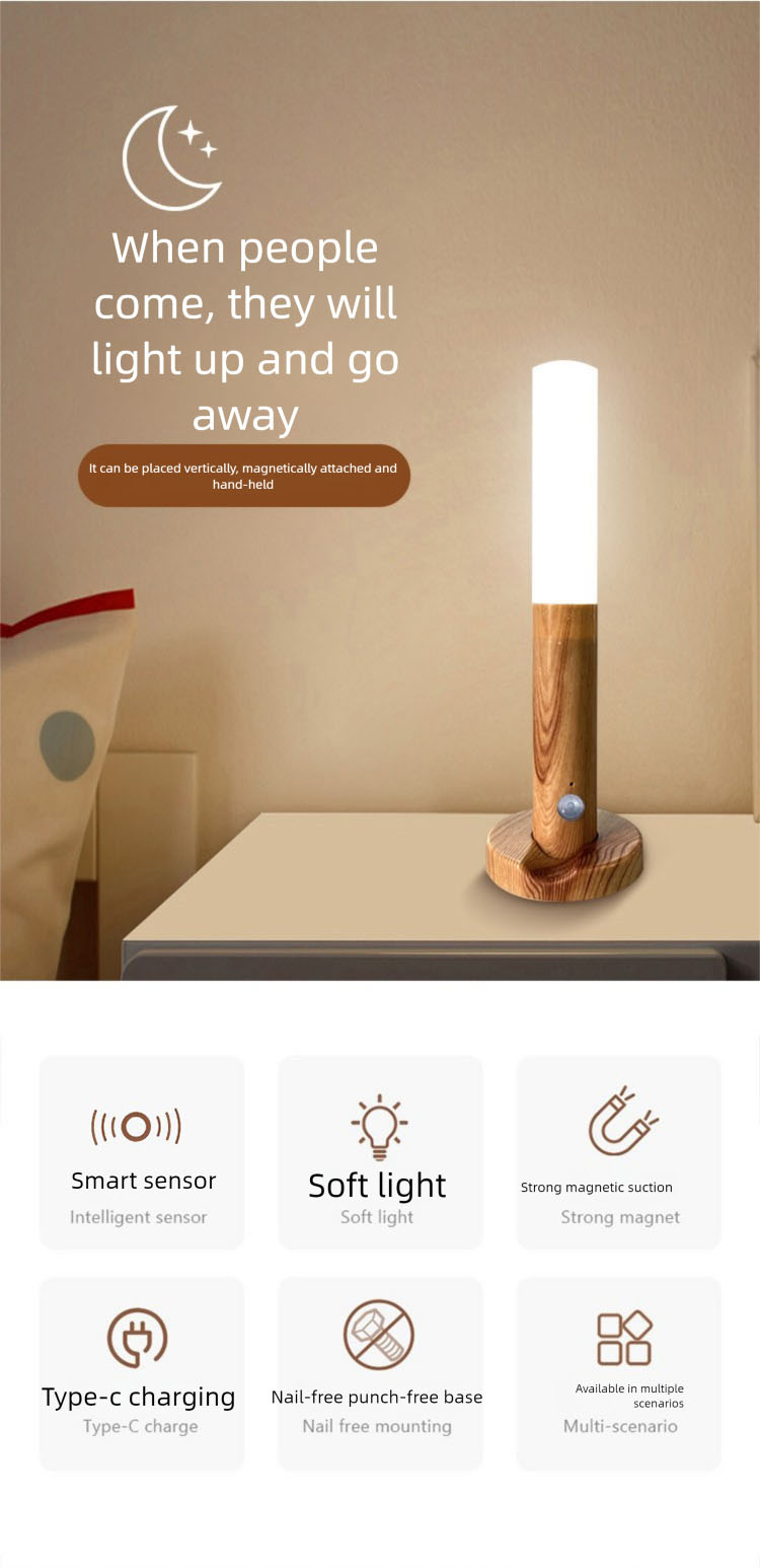 Tegooe Modern Wooden Motion Sensor Wall Sconce LED Night Light - USB Rechargeable Wireless Smart Induction Lamp for Bedside