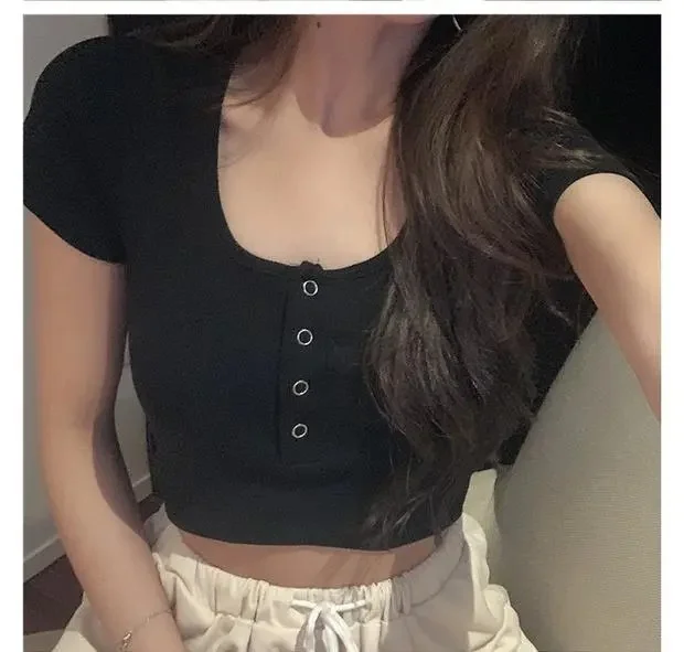 Brownm Brownm Summer New Slim Short Round Collar High Waist Show Thin Heart Machine Crop Cord Short-Sleeved T-Shirt Women's Jacket Ins Tide