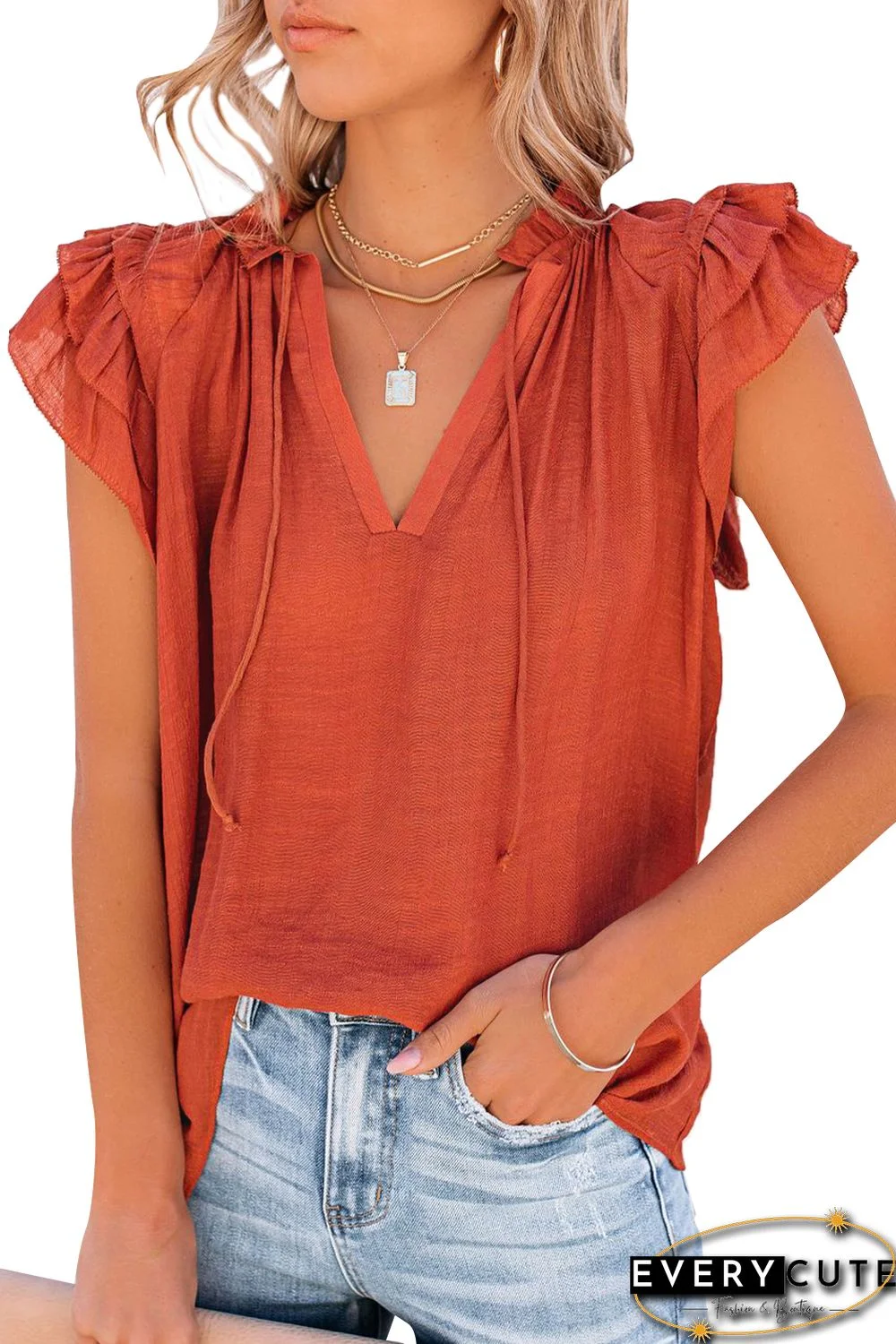 Tiered Ruffled Drawstring V Neck Top