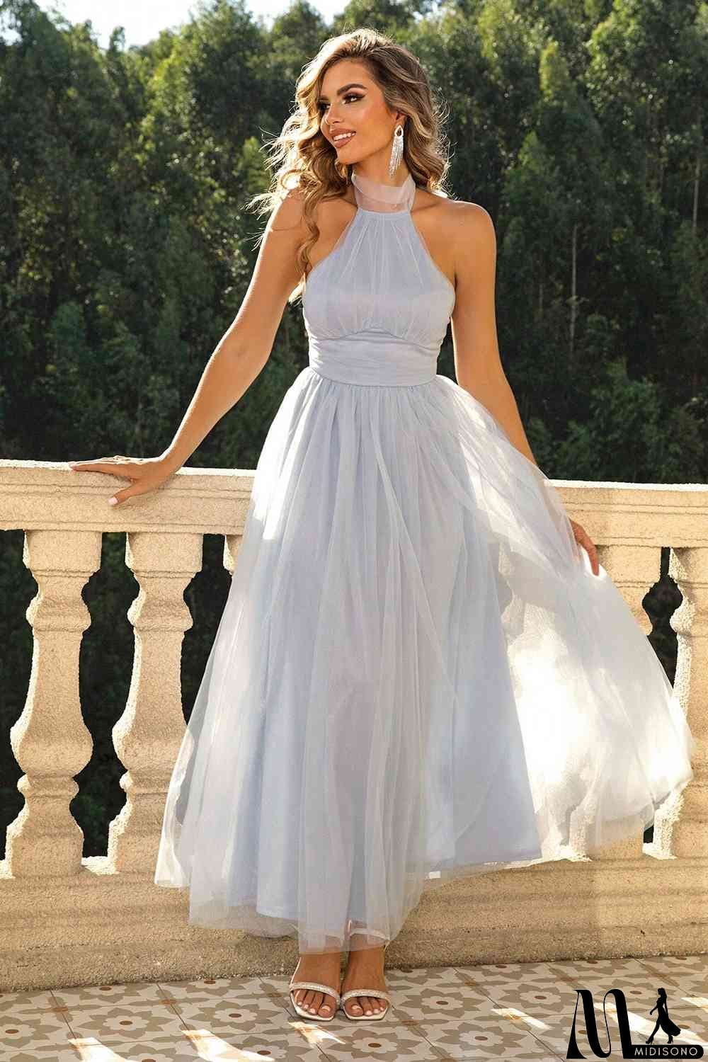 MidiSono - Halter Neck Backless Mesh Dress