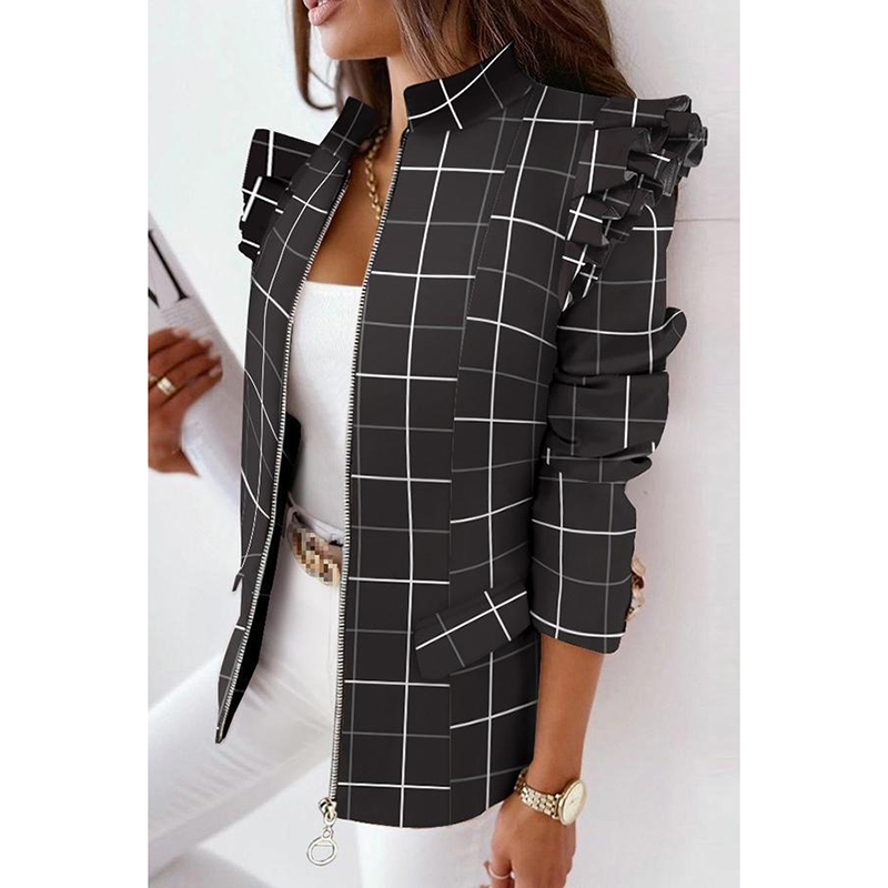 Casual Plaid Ruffle Jacket wearshes