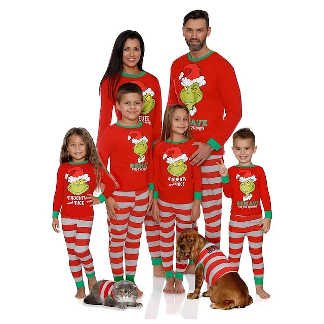 Christmas Matching Pajamas Grinch Print Daily Red Long Sleeve Set