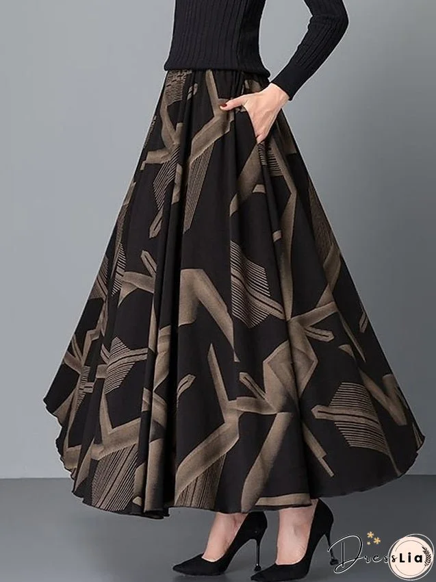 Women's Skirt A Line Maxi Black Yellow Red Skirts Fall & Winter Pleated Pocket Print Fashion Casual Street Daily M L XL
