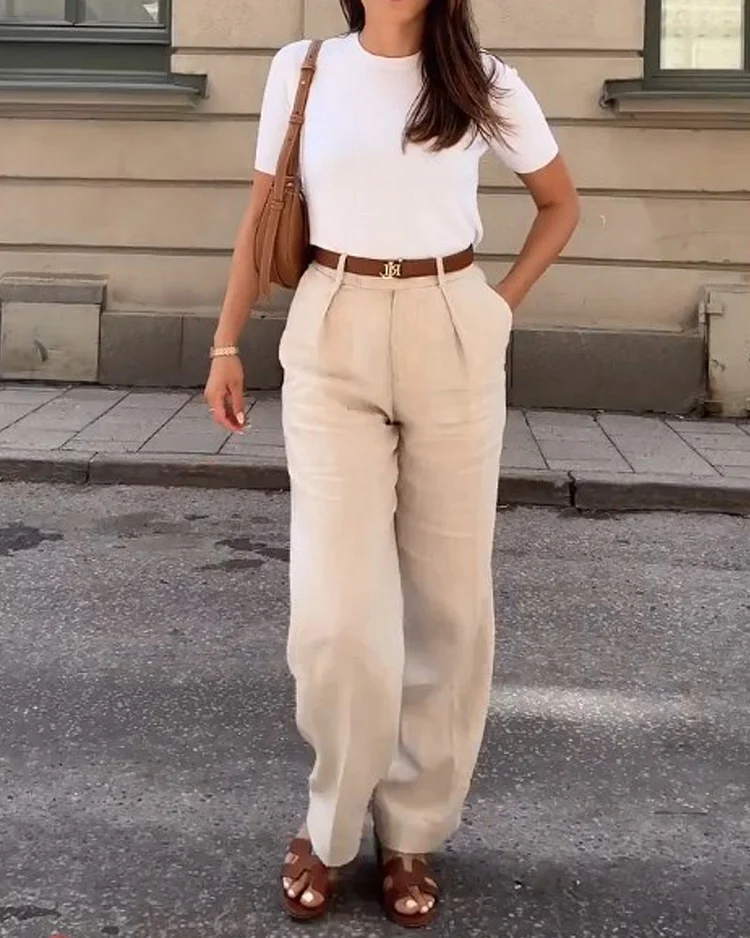Round neck casual solid color two piece suit