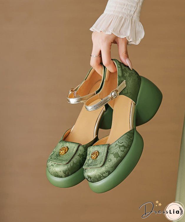 New Retro Green Embossed Buckle Strap Chunky Sandals