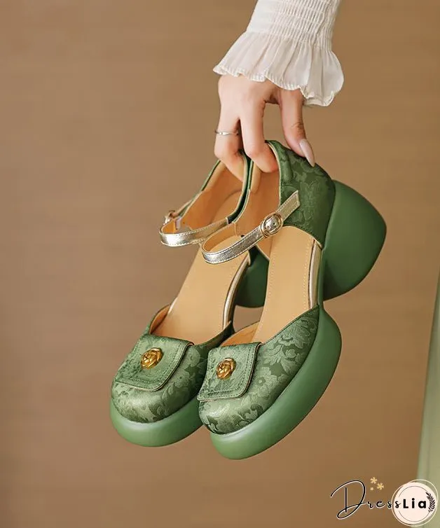 New Retro Green Embossed Buckle Strap Chunky Sandals