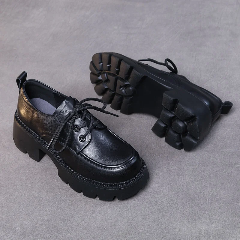 Yyvonne High-Rise Cowhedole With Coarse Heel Of Lefy Shoes Women Thick Bottom Four Seasons Ultra-Light Leather Single Shoes 2 Casual