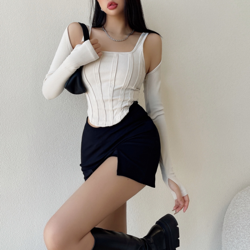 Ootddress Women Striped Stitching Slim T-shirt Female 2 In 1 Shrug Set Co-ord Crop Shrug And Corset Tank Tops Set Y2k Streetwear New