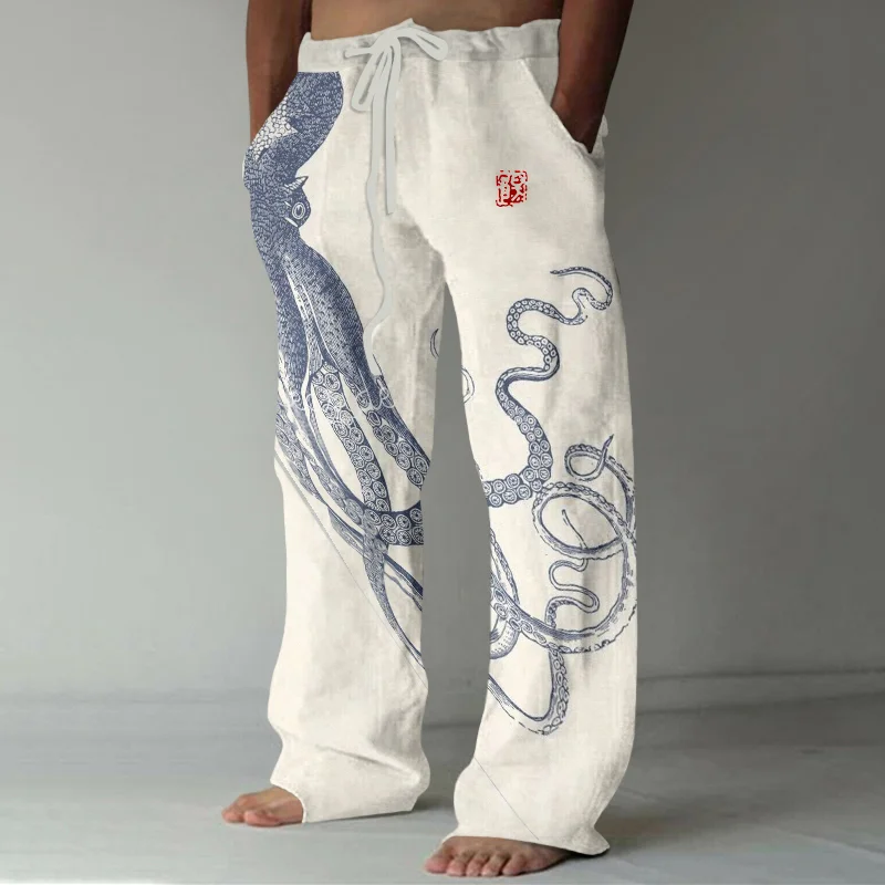 Japanese Art Octopus And Crab Print Casual Linen Blend Pants