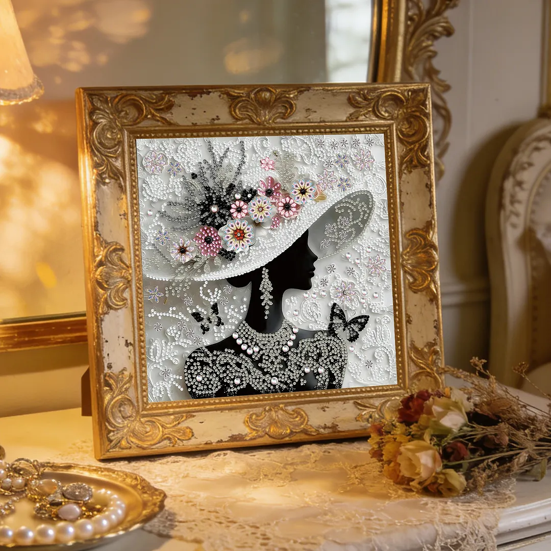 Floral Hat Silhouette Special Shaped 5D DIY Partial Drill Diamond Painting Kits for Adults Beginners Home Decor Diamonds Dots Gem Art Kits Diamond Art Kit 11.81 X11.81inch