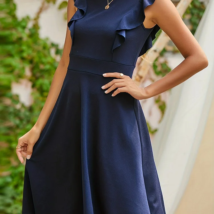 Solid Ruffle Trim Dress, Elegant Crew Neck Midi Party Dress, Women's Clothing