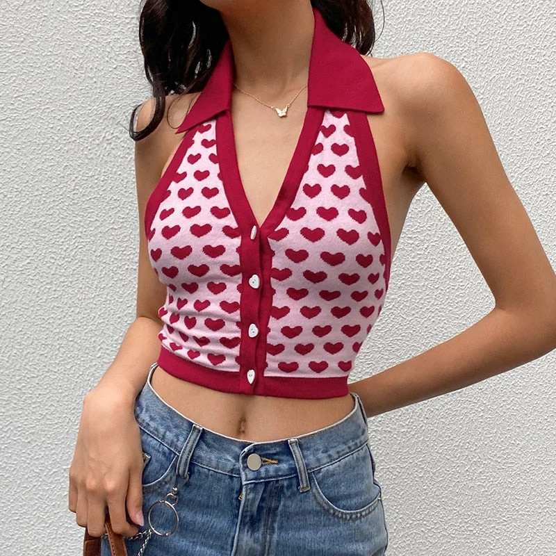 HEYounGIRL Heart Print Sleeveless Halter Knit Crop Tops Ladies Sexy Backless Tanks Camis Women Vest Summer Knitwear Streetwear