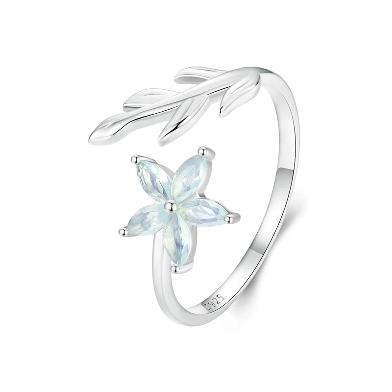 White Gold Plated 925 Sterling Silver Opal Leaf Flower Open Rings