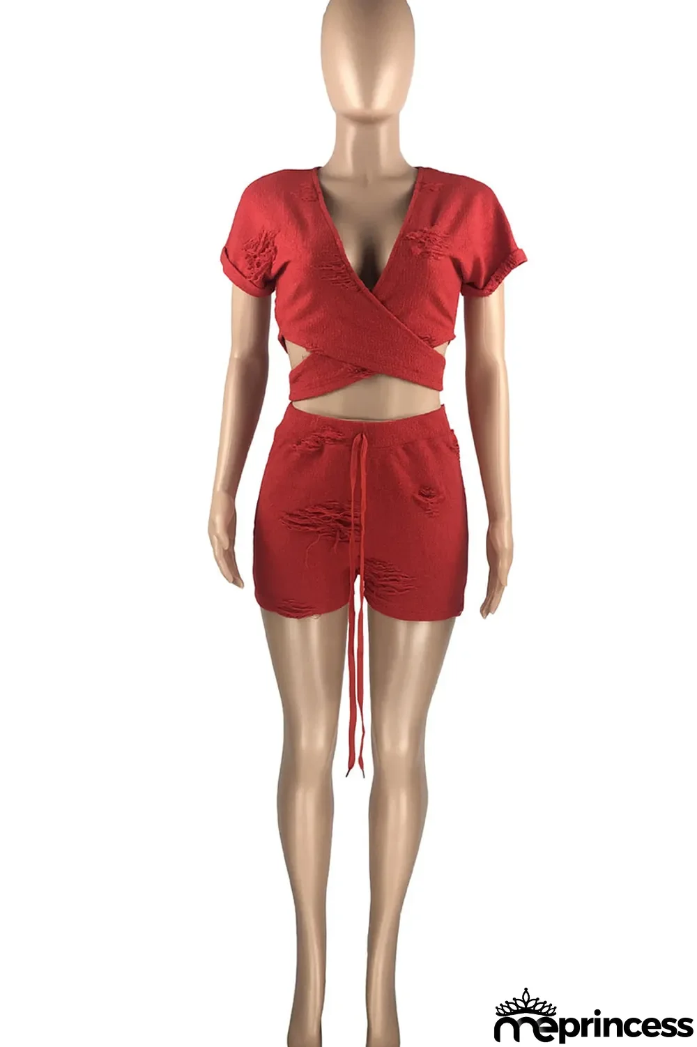 Grey Casual Solid Ripped Hollowed Out Split Joint V Neck Short Sleeve Two Pieces