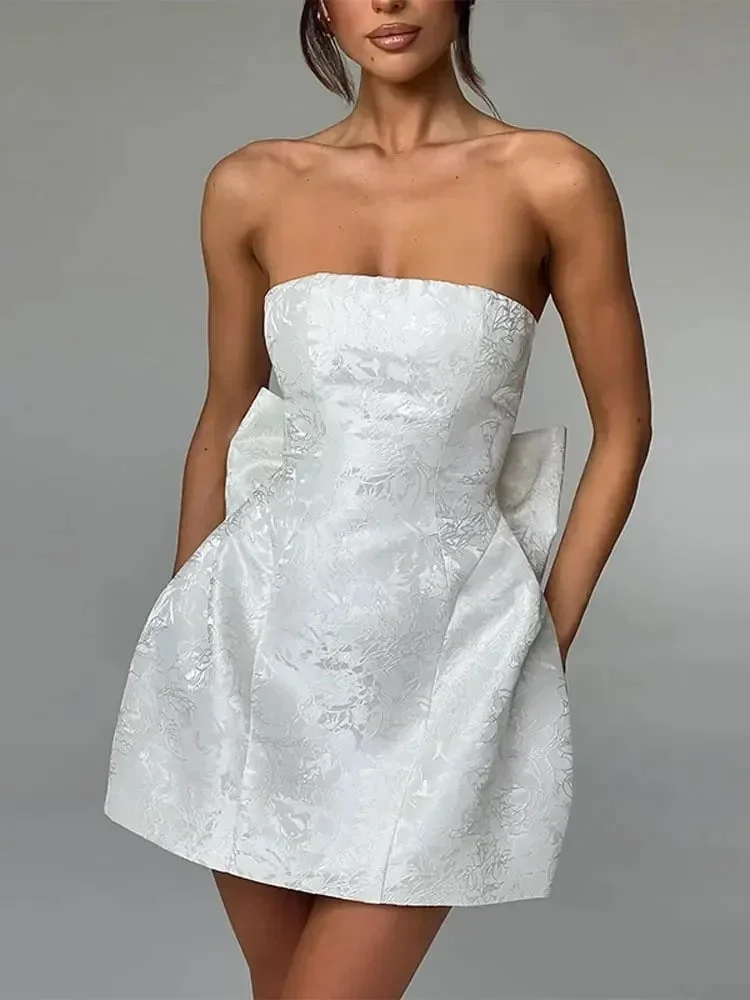 Jacquard Strapless Knot A-line Mini Dress