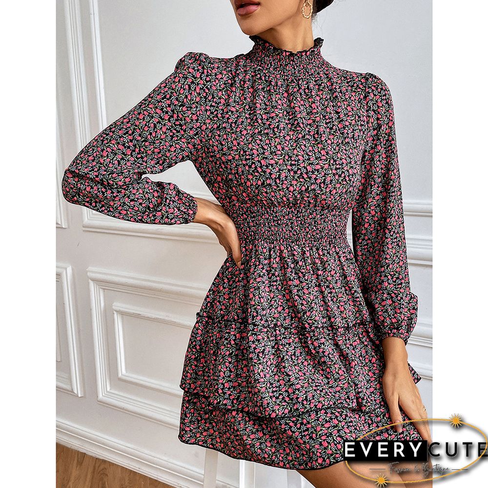 Red Layered Frilled Neck Mini Floral Dress