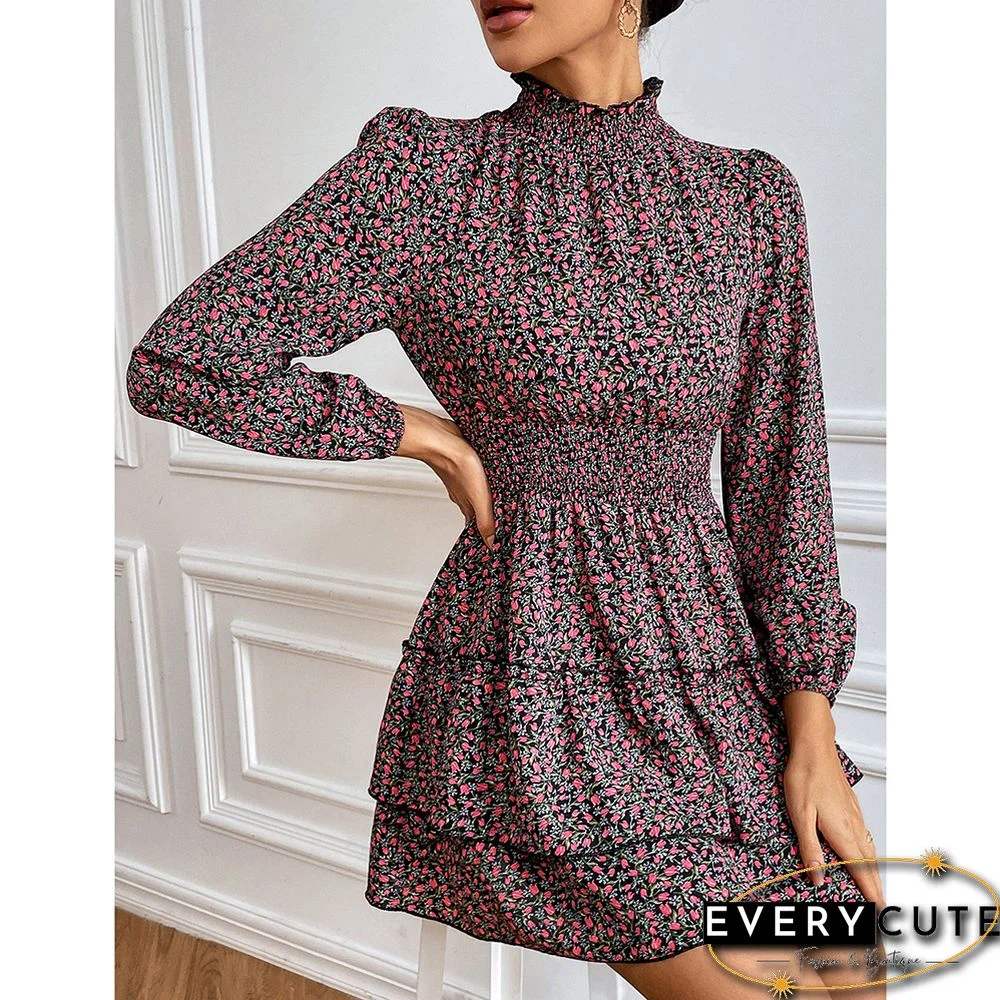 Red Layered Frilled Neck Mini Floral Dress