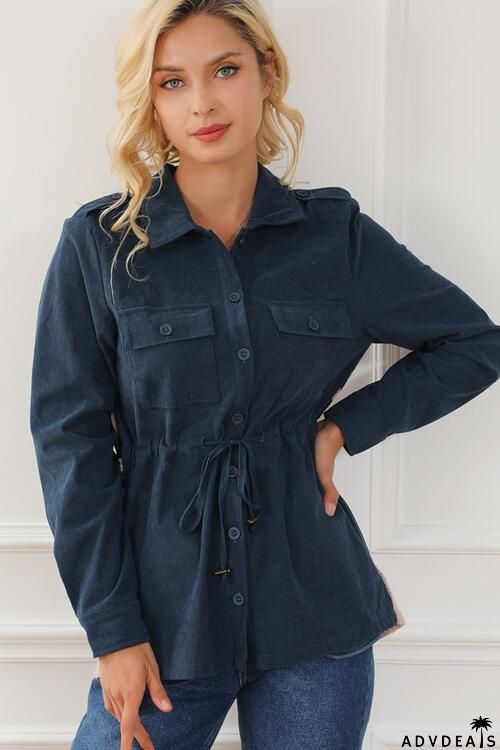 Geometric Button Up Drawstring Collared Neck Jacket