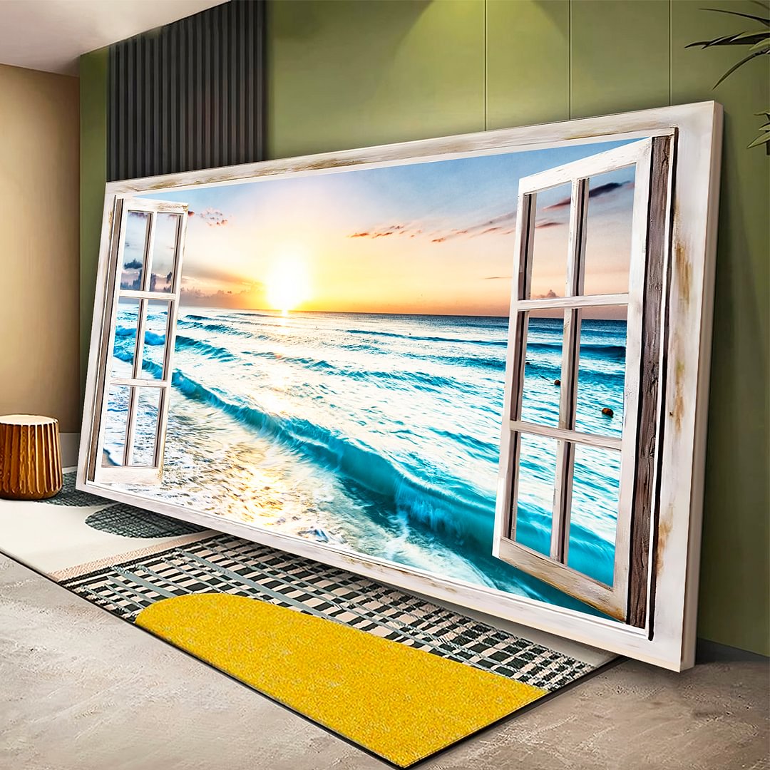 White Beach Decor Blue Sea Sunset Window Canvas Wall Art
