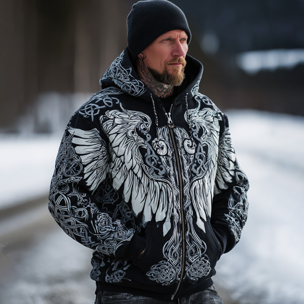 Men's Viking Tribal Jacquard Celtic With Wings Inspired Art Hoodie elevenforest