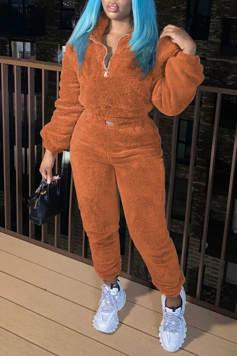 Casual Solid Patchwork Zipper Collar Long Sleeve Two Pieces