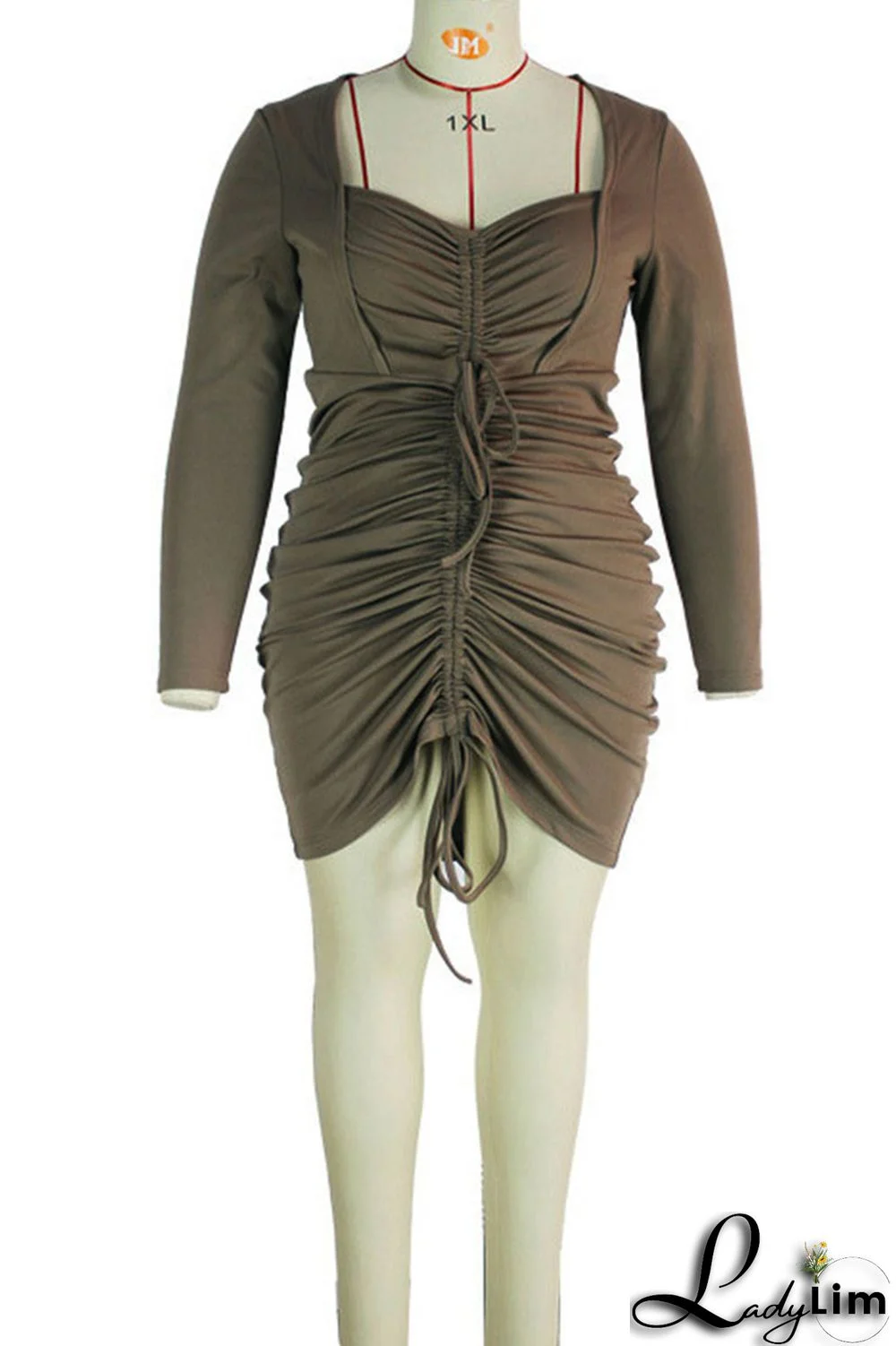 Grey Fashion Sexy Solid Draw String Square Collar Long Sleeve Plus Size Dresses