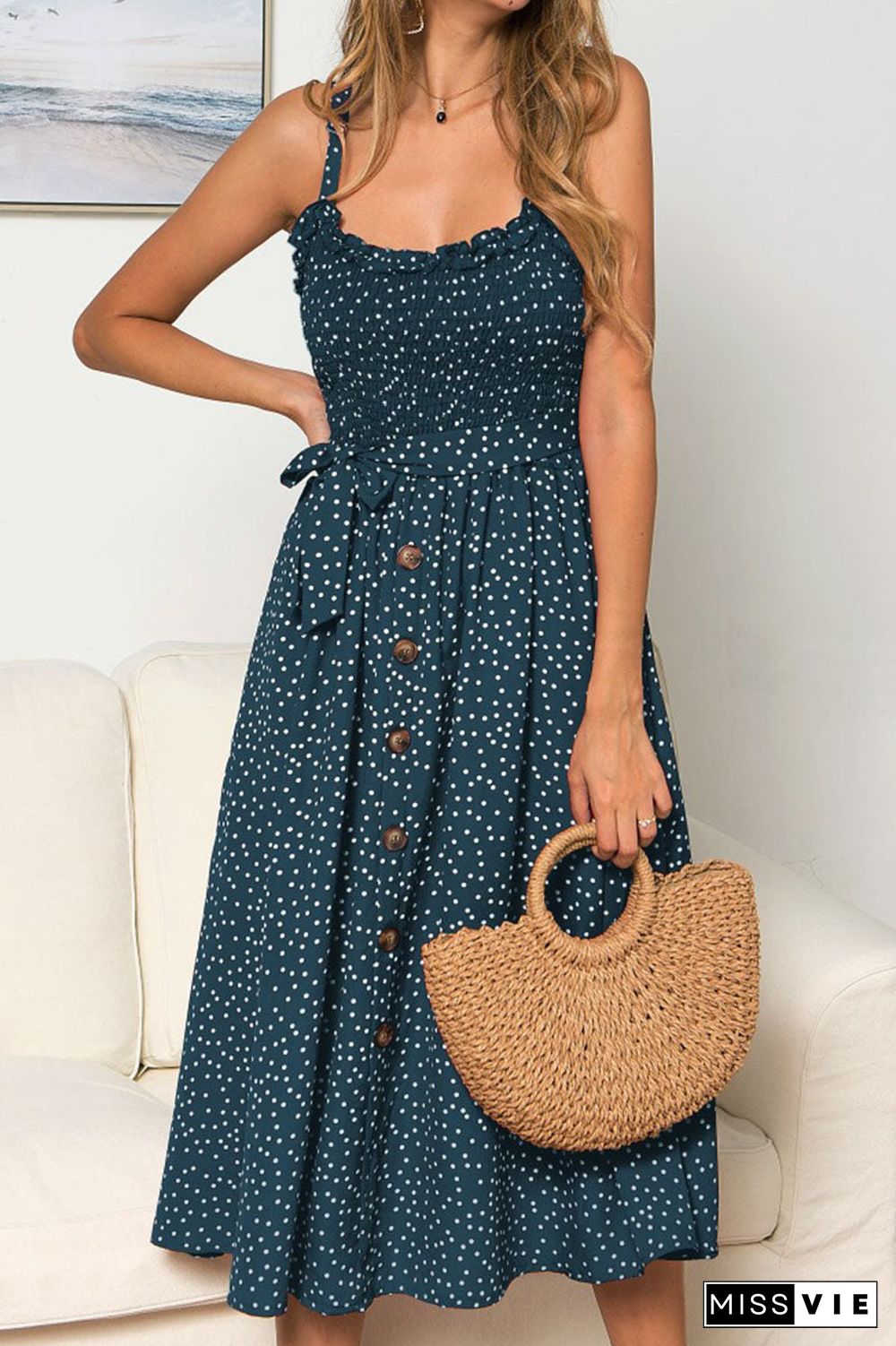 Fashion Street Dot Split Joint Spaghetti Strap A Line Dresses