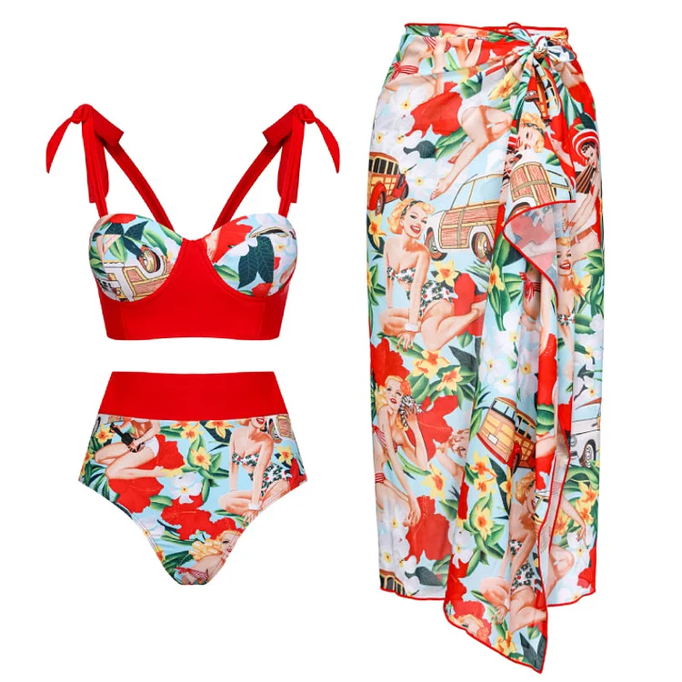Flaxmaker Bowknot Tie-shoulder Printed Bikini Swimsuit and Sarong