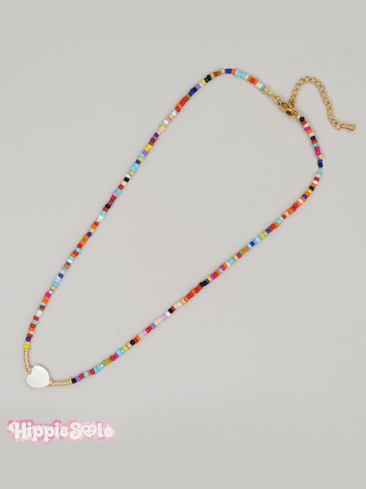 Handmade Stacked Colorful Beads Necklace Heartpendant / Onesize