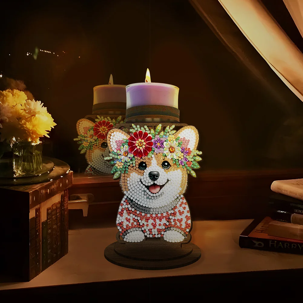 Flower Puppy 5D DIY Diamond Painting Candle Holder Ornaments for Art Crafts