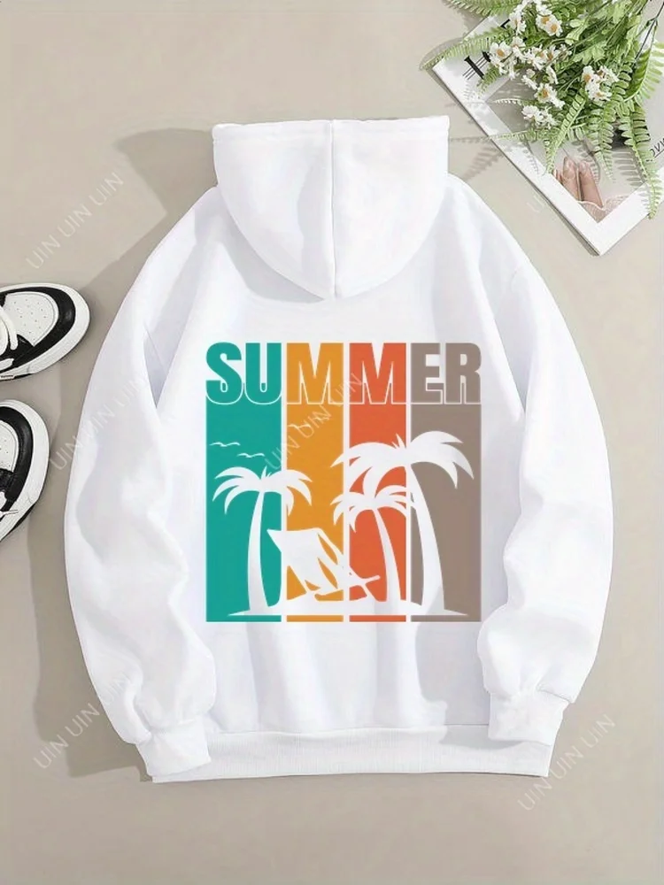 Women's Lightweight Hoodie - Tropical Summer Graphic Sweatshirt With Teal To Brown Gradient, Adjustable Drawstring Hood, Loose Fit Pullover For, Office, Travel - All-Season Casual Top Machine Washable), Wear, Vibrant Design, Soft Fabric, Hooded Sweater