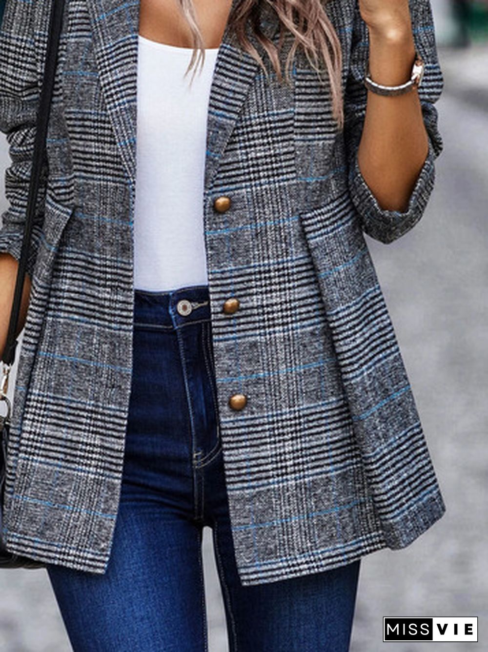 Casual Urban Plaid Texture Shawl Collar Long Sleeve Blazer