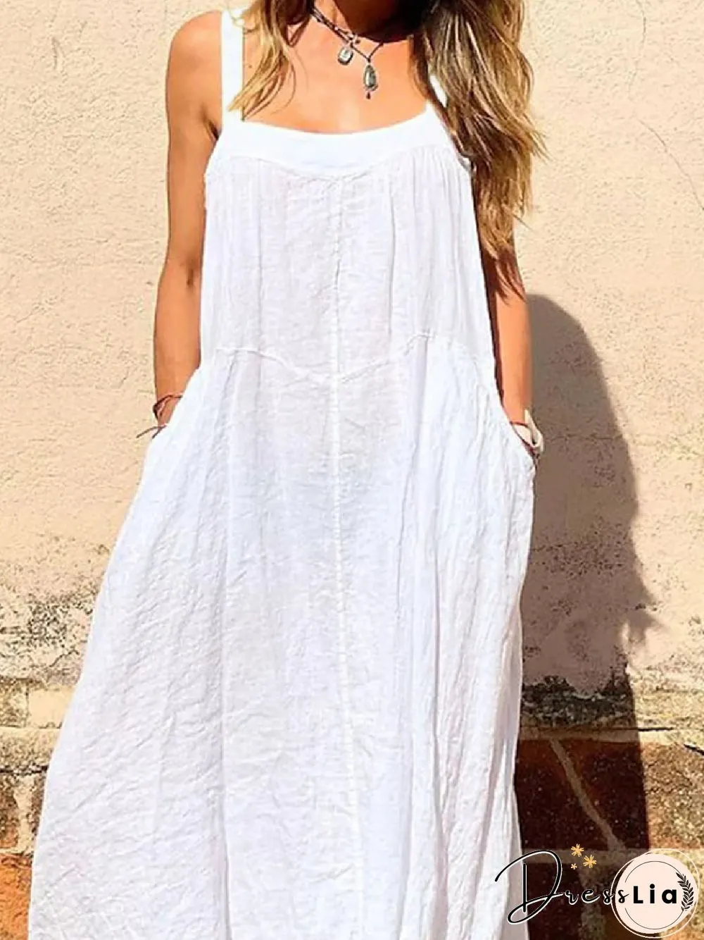 Casual Solid Square neck Sleeveless Cotton Loosen Dresses